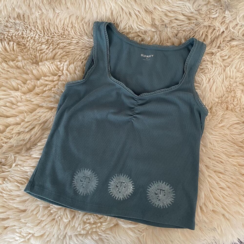 Upcycled Sun Face Tank Top Hand Stamped Celestial Ribbed Crop Top Teal Boho Cami